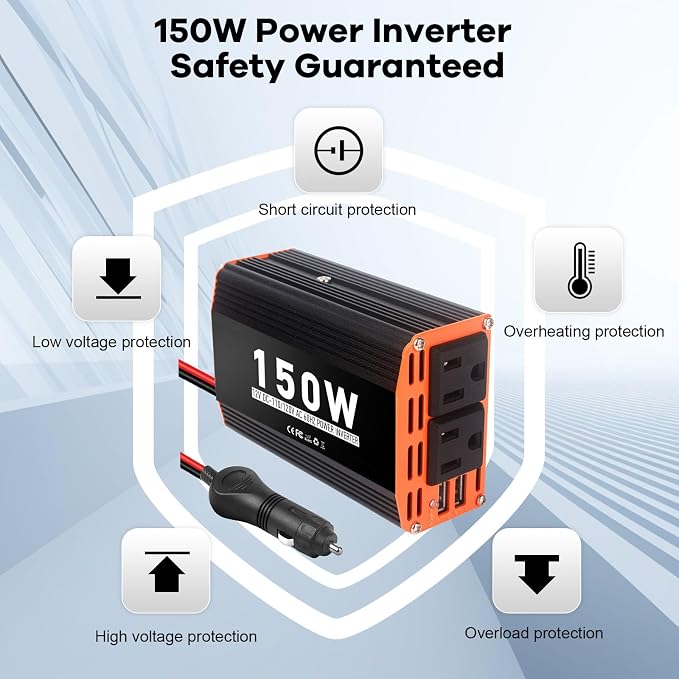 150W Car Power Inverter 12V AC to 110V/120V DC Converter Peak Power 300W Indoor & Outdoor Use with 2 AC Outlets & 2 USB Ports Car Laptop Charger Car Adapter