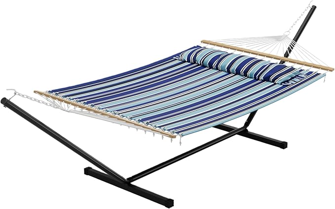 GAOMON Double Hammock with Stand, 475 lb Capacity, Adjustable Portable Hammock Chair with Sturdy Steel Frame, Thick Rope, Quilted Pillow and Carrying Bag Suitable for Backyard, Camping or Outdoor