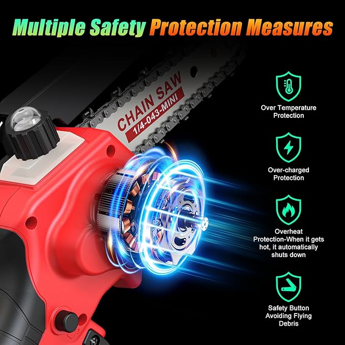 6 Inch Mini Chainsaw Cordless, 24V Battery Powered Handheld Chainsaw | 2×2000mAh Batteries, Auto Oiler, Lightweight, Electric Chainsaw for Tree Trimming, Wood Cutting, Gardening-Red