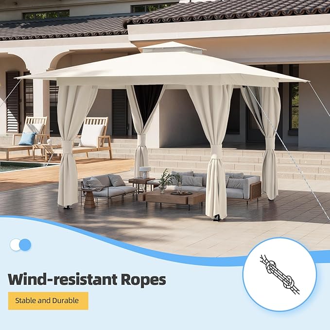 MELLCOM 10'x10' Outdoor Gazebo Kahaki for Patio, Heavy Duty Party Tent with Double Roofs, Outdoor Canopy with Curtains and Nettings for Deck, Lawn and Backyard