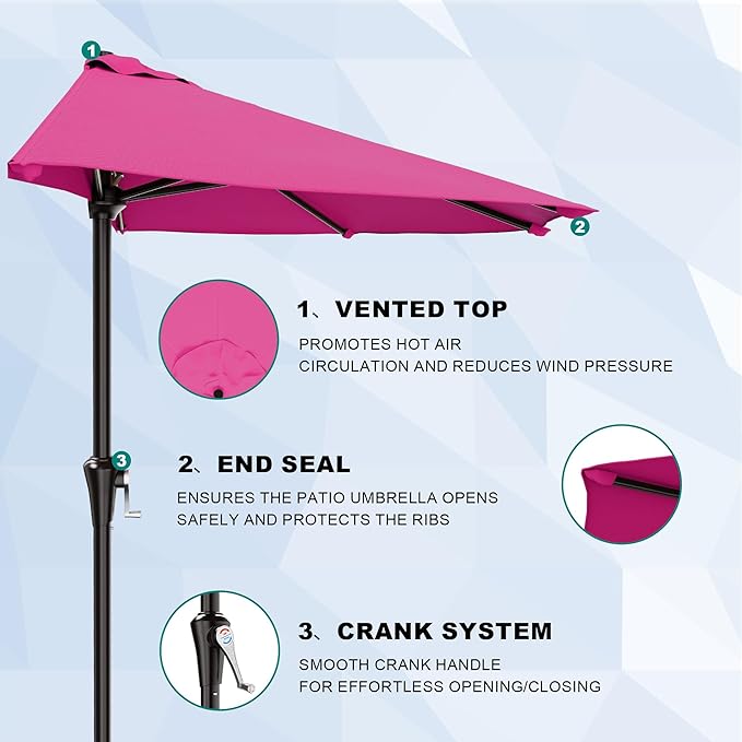 AreShark 9FT Half Patio Umbrella, Outdoor Wall Umbrella with Crank & 5 Sturdy Ribs, Table 1/2 Umbrella Patio for Garden, Deck, Balcony and Pool, Rose Pink