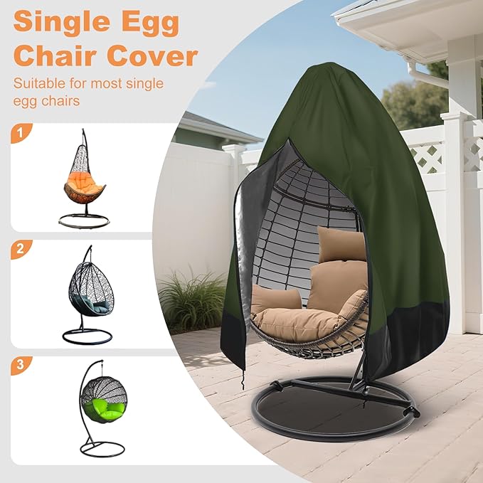 Garden egg chair cover with zipper , Outdoor hanging egg chair cover , UV protection ,Windproof ,Dutyproof, Waterproof,Fits single seat egg chair,75 x 45inch,Green.