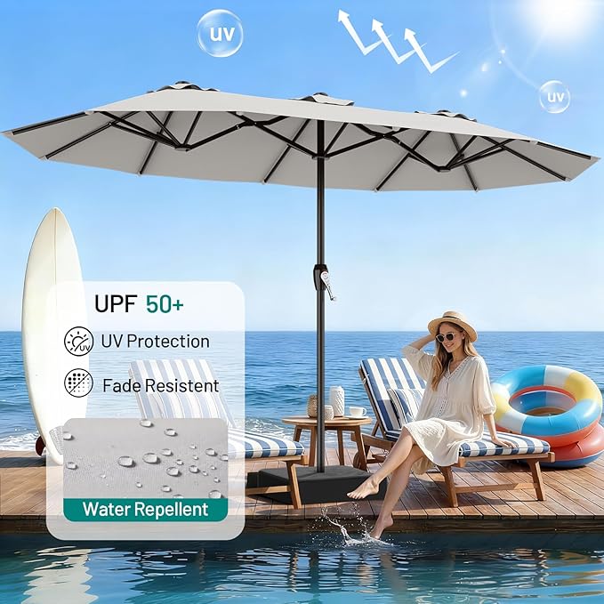 AreShark 15ft Patio Umbrella with Base, Double Sided Outdoor Umbrella with 12 Fiberglass Ribs, Large Outdoor Umbrella for Garden, Pool, Deck, Backyard & Market, Light Grey