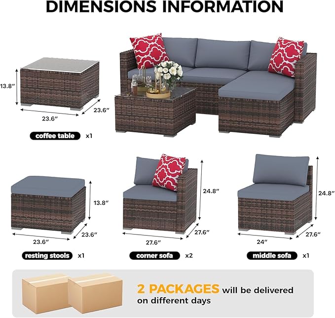 GarveeLife 5-Piece Outdoor Patio Rattan Wicker Sofa Set, PE Rattan Conversation Sectional with Thickened Back Cushion, Glass Tabletop, Ottoman - Ideal for Courtyard Space, Grey