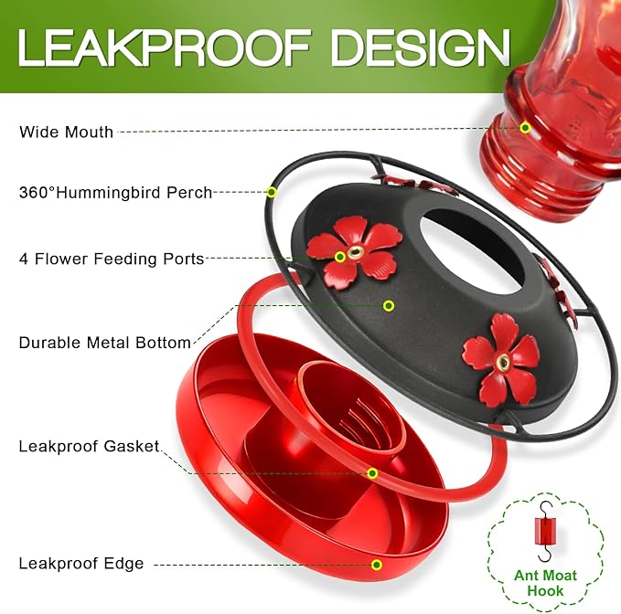 Glass Hummingbird Feeders for Outdoors Hanging, 24oz Wild Bird Nectar Feeder with Ant Moat and 360° Perch, Bee-Resistant Ports,Outside Garden Decor,Colorful Gifts for Women Mom, 1 Pack, Red