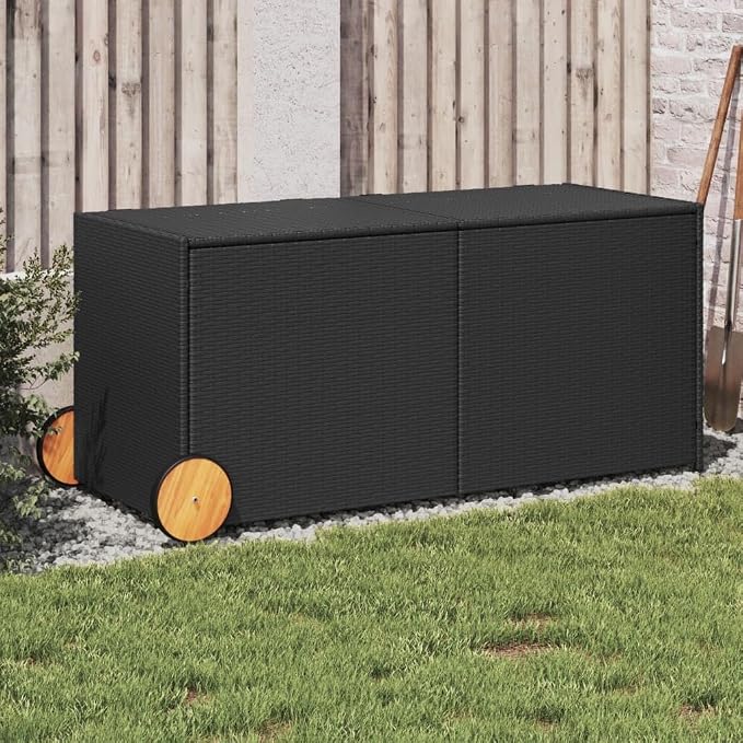 Outdoor Garden Storage Box with Wheels, Wicker Patio Deck Box, Outdoor Rattan Storage Container, Black 74.8 Gal Poly Rattan
