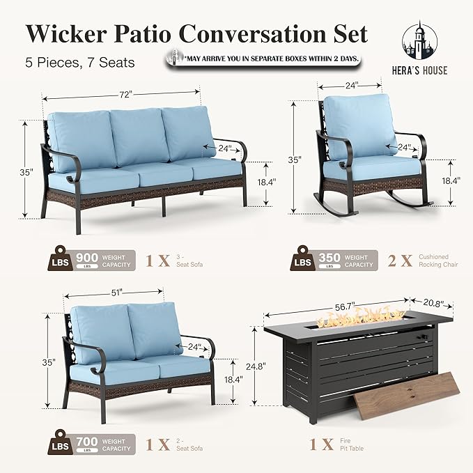HERA'S HOUSE 5 Piece Metal Patio Furniture Set with 56" Fire Pit Table, All Weather Outdoor Conversation Set, 3 Seat Sofa with Loveseat, 2 Rocking Chairs, Seats 7 for Backyard, Garden, Deck, Blue