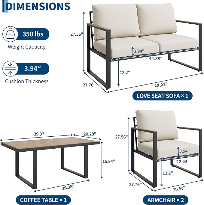 IDEALHOUSE 4-Piece Outdoor Patio Furniture Set, Patio Furniture Set, Metal Conversation Set with Coffee Table and Washable High-Resiliency Cushions, Beige