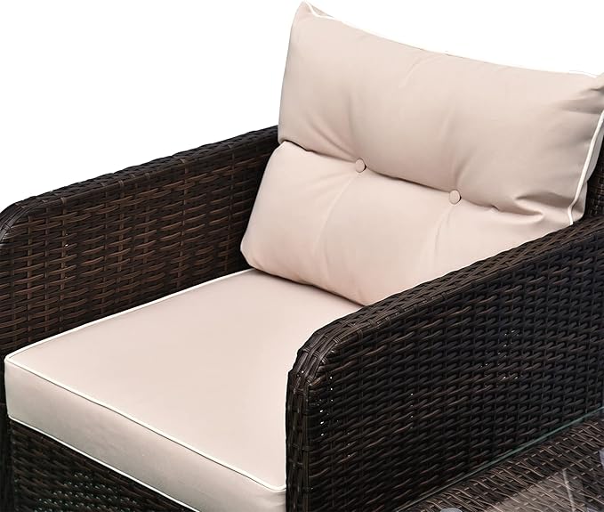 Outsunny 5 Pieces Rattan Wicker Lounge Chair Outdoor Patio Conversation Set with 2 Cushioned Chairs, 2 Ottomans and Tempered Glass Top Coffee Table, Brown/Beige