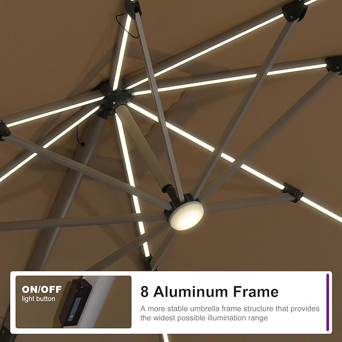 PURPLE LEAF Patio Umbrella with base 9 Feet Outdoor Square Cantilever Umbrella Solar Powered LED with 360-degree Rotation for Garden Deck Pool Patio, Beige