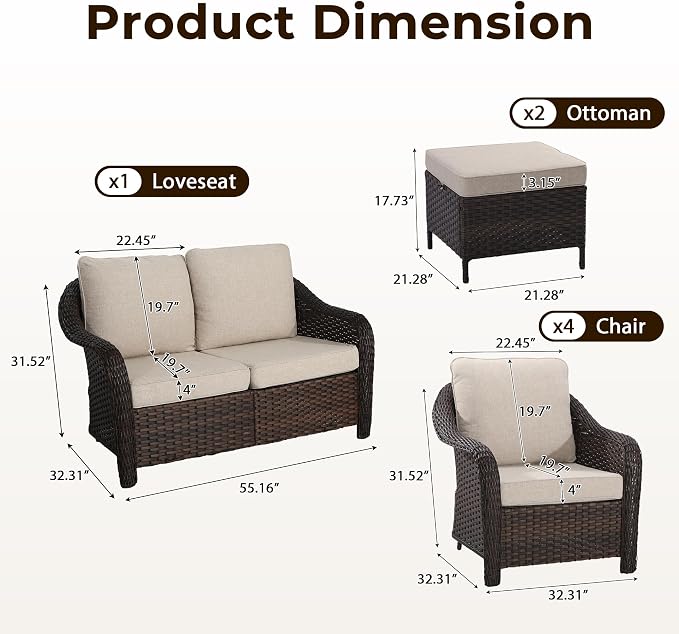 7 Piece Patio Wicker Conversation Set, All-Weather Use Outdoor Wicker Loveseat with 2 PE Rattan Ottomans,4 Chair, Ideal for Porch, Backyard, Balcony, Poolside, Beige