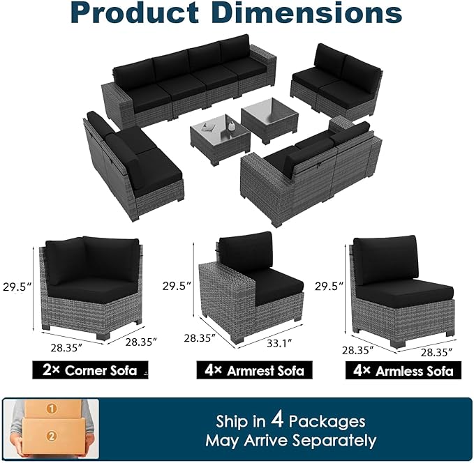Patio Furniture Set, 12 Pieces Outdoor Sectional Sofa Conversation Sets with Waterproof Cover Modern Wicker Seating Set, 4'' Thickened Cushions & 2 Glass Coffee Table, Black