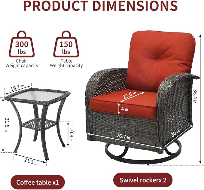 SHGJ&SOFT 3 Piece Patio Furniture Set, 2 Outdoor Swivel Rocking Chairs with Side Table, Wicker Glider Chairs, All-Weather Rattan Bistro Set for Porch, Deck, Pool (Red, Grey Full-Weave Rattan)