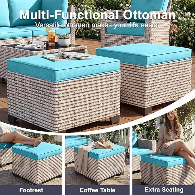 Patio Furniture Set, 10-Piece Outdoor Sectional Sofa with 60,000 BTU Fire Pit Table & Ottomans, Wicker Patio Conversation Set with Coffee Table, Cyan Cushions