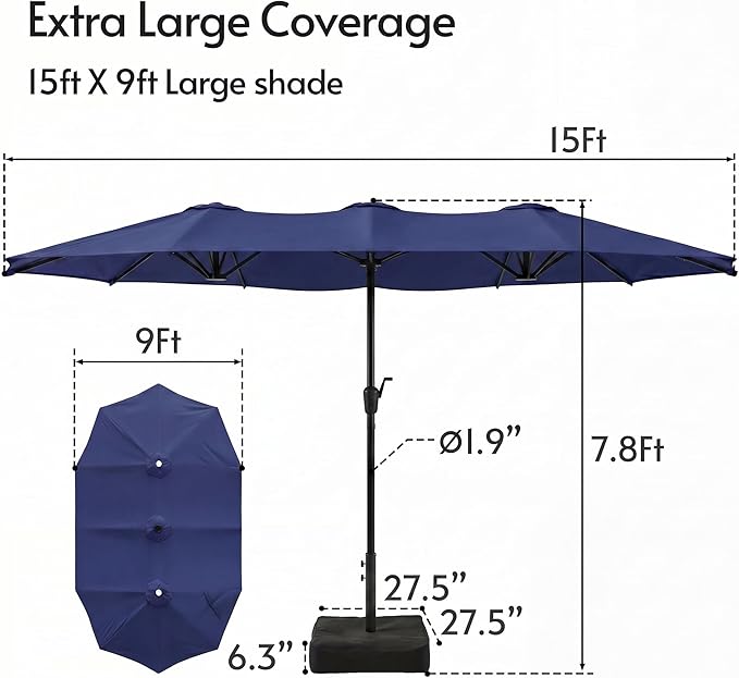 15ft Double-Sided Patio Umbrella with Solar Lights and Base Included, Large Patio Umbrella with 48 LED Dual-Color Lights, 135 Sq Ft Shade Area Patio Table Umbrella for Pool, Outddor, Deck (Navy Blue)