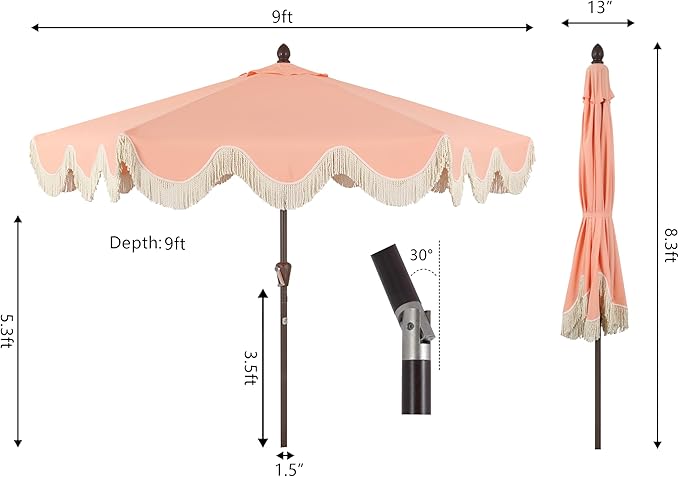 JONATHAN Y UMB1001 Collins 9 ft. Classic Cottage Tassel Market Patio Umbrella with Auto-Tilt, Crank, Wind Vent and UV Protection