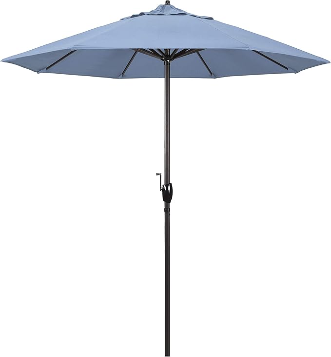 California Umbrella 7.5' Round Sunbrella Aluminum Outdoor Deck, Pool or Patio Umbrella, Crank Lift, Auto Tilt, Bronze Pole, Air Blue