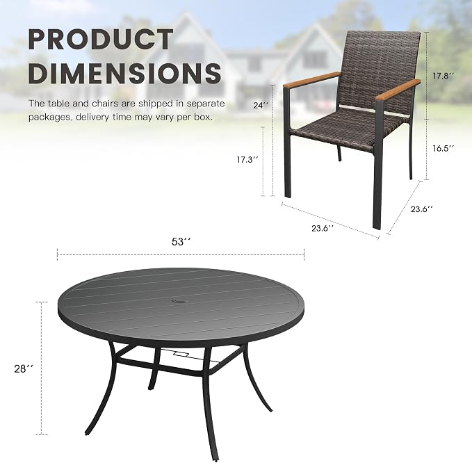 Round Patio Dining Set for 8, 53" Round Metal Table with Umbrella Hole and Stackable Wicker Patio Chairs, Outdoor Furniture Set for Deck Backyard Garden, Walnut Chairs, Black Table