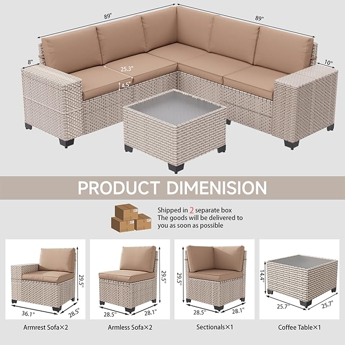 6-Piece Outdoor Patio Furniture Set, Modular Sectional Sofa Set with Glass Coffee Table and Cushions, Wicker Outdoor Couch Conversation Sets, Khaki