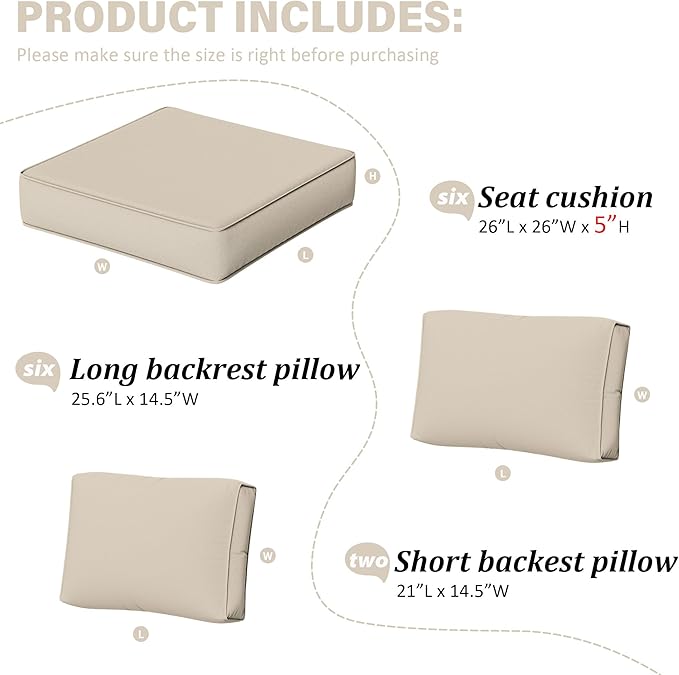 Outdoor Furniture Replacement Cushions, 5" Foam Foam High-Density, Fits 6-seat Sectional Rattan Conversation Set, 14 Piece Patio Water-Resistant Replacement Sofa Cushions, Liner&Cover