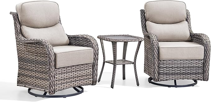 Luxury Outdoor Swivel Rocker Patio Chairs-3 Piece Wicker Patio Rocking Chairs Set of 2 with Glass Side Table 6" Thick Cushions High Back Outdoor Furniture Sets for Deck Porch Balcony(Grey/Beige)