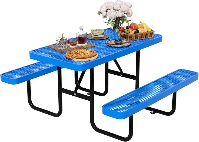 4FT Rectangular Steel Outdoor Picnic Table, Commercial Picnic Table Bench Set with Umbrella Hole, Weather-Resistant Heavy Duty School Dining Table for Stores, Park, Patio, Garden, Backyard, Blue