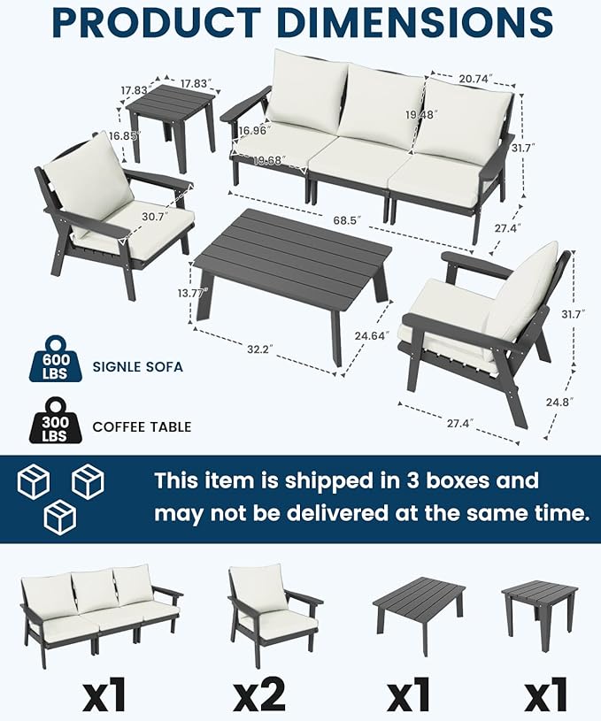 FOOWIN 7-Piece Patio Furniture Set, HDPE All-Weather Outdoor Conversation Set with Thick Cushions, Sectional Patio Sofa Furniture for Deck, Porch, Lawn, Garden, Grey Frame & White Cushion