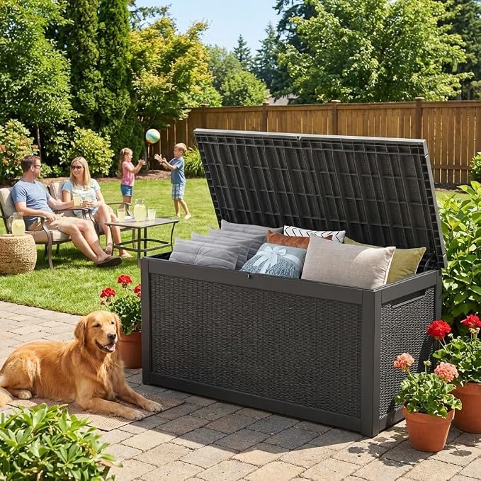 Outdoor Storage Box 321GAL Waterproof Resin Deck Box,Pool Accessories Supplies，UV-Resistant Lockable Package Delivery Bin for Garden Tools,Large Patio Outside Cushions,Chest,Furniture,Black