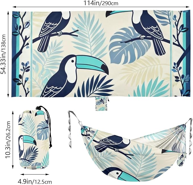 Toucan and Tropical Leaves Outdoor Hammock with Tree Straps for Outside Patio Garden