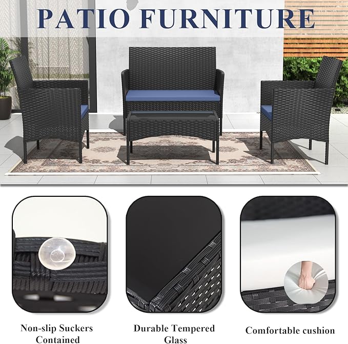 ALAULM 4 Pieces Patio Conversation Set Outdoor Rattan Patio Furniture Set Wicker Chairs with Soft Cushion and Glass Table for Patio, Backyard, Porch, Poolside(Dark Blue)