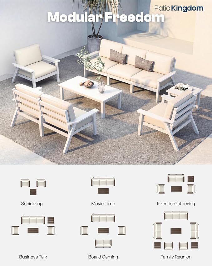 10 Piece Outdoor Patio Furniture Set, Outdoor Couch with Washable Thick Beige Cushions, Coffee Table & Side Table, Patio Conversation Sets for Lawn, Garden, Porch, Balcony (White Frame)