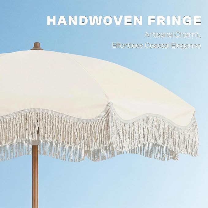 7ft Patio Umbrella with Fringe, Boho Beach Umbrellas, Outdoor Tassels Umbrellas with Push Button Tilt & Carrying Bag, 8 Windproof Fiberglass Ribs, UPF50+