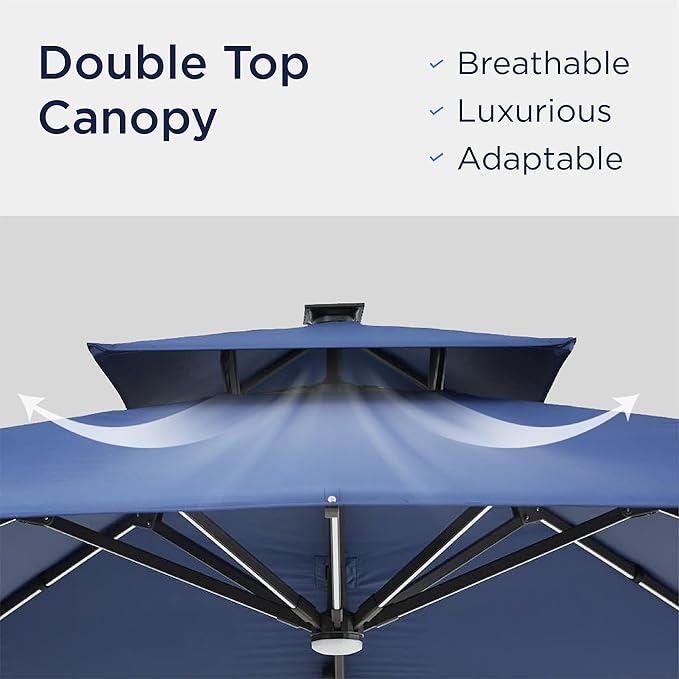 Deconk 10x10 FT Cantilever Patio Umbrella with Led Lights Double Top Outdoor Square Heavy Duty Offset Umbrellas 360°Rotation Free-motion Track Tilt Windproof for Pool Deck Garden, Navy