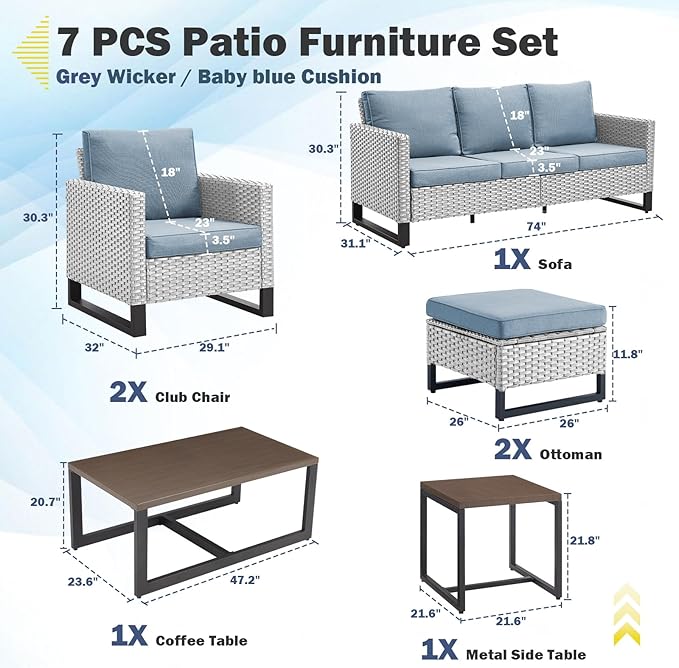 Belord 7 Piece Outdoor Furniture Patio Wicker Sofa Set, Oversize Outdoor Dining Chairs with Rattan Ottomans, Conversation Sets Patio Furniture Come with Removable Cushion Baby Blue, Light Grey