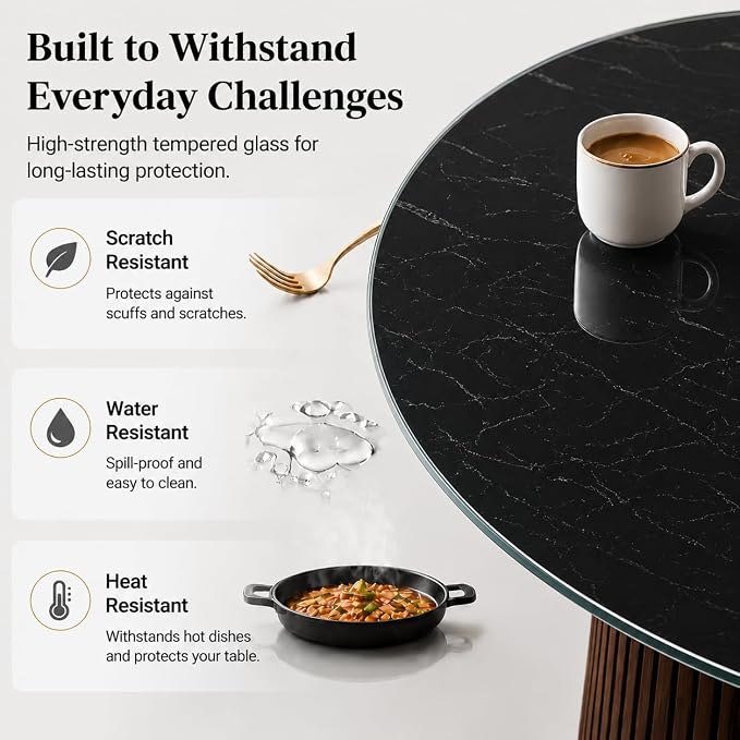 32" Round Tempered Glass Table Top, 5/16" (8mm) Thick, Marble Pattern Replacement, Heavy-Duty, Heat & Scratch Resistant for Coffee, Dining & Patio Tables, Black