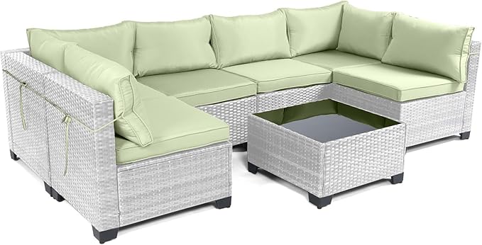 CHABATREE 7 Pieces Outdoor Patio Furniture Sets,Rattan Conversation Sectional Set,Manual Weaving Wicker Patio Sofa with Tea Table