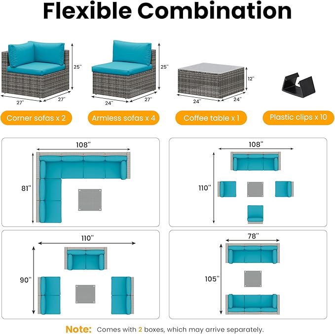 Wisteria Lane 7 Pieces Outdoor Patio Furniture Set, Wicker Outdoor Patio Sectional Sofas with Coffee Table, All-Weather Patio Conversation Set for Backyard Garden, Light Blue