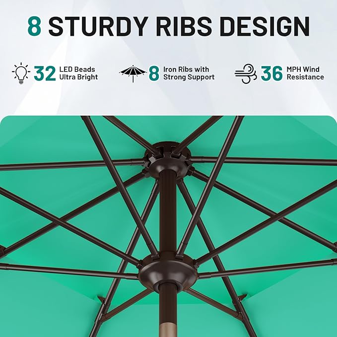 AreShark 9ft 2 Tiers Patio Umbrella with Solar Lights, Outdoor Umbrella w/ 32 LED Lights&8 Sturdy Ribs, Table Umbrella for Deck, Backyard, Pool(Turquoise)
