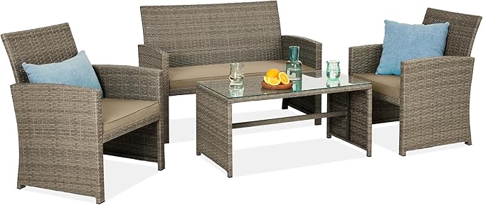 Best Choice Products 4-Piece Outdoor Wicker Patio Conversation Furniture Set for Backyard w/Coffee Table, Seat Cushions - Taupe/Desert
