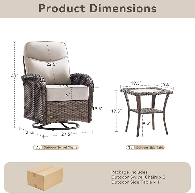 Luxury Wicker Patio Furniture Set with 6-Inch Thick Cushions, 3 Pieces Outdoor Swivel Rocker Patio Chairs Set of 2 with Rattan Side Table, Outdoor Patio Conversation Sets for Garden Deck, Beige