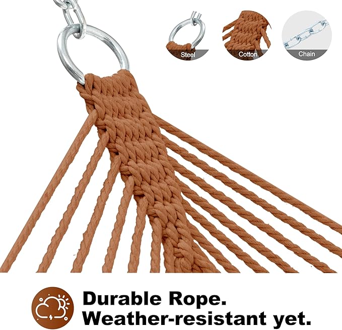 Single Rope Hammocks for Outside, Traditional Hand Woven Cotton Hammock with Hardwood Spreader Bar, Max 450 lbs Capacity (Coffee Brown, Small)
