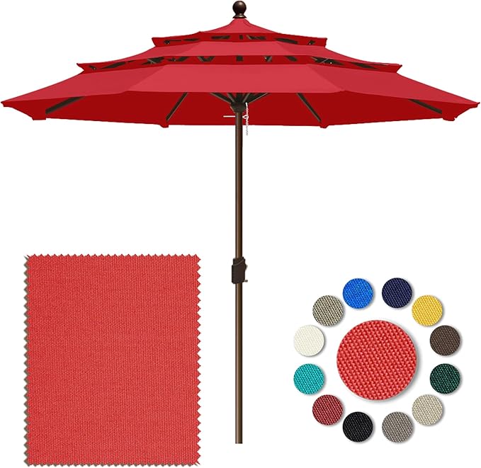 Eurmax USA 10-Year-Non-Fading 10FT 3-Tier Outdoor Patio Market Umbrella,UPF50+ UV Resistant,Heavy Duty Commercial Grade,Crank Lift Design,Windproof Vented Top for Garden,Pool,Deck,Logo Red