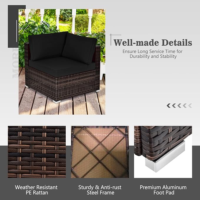 Tangkula 8 Piece Outdoor Wicker Sofa Set, Patio Rattan Conversation Set w/32” Propane Fire Pit Table & Tank Holder, 40,000 BTU Heat Output, Cozy Seat & Back Cushions, Fire Pit PVC Cover (Black)