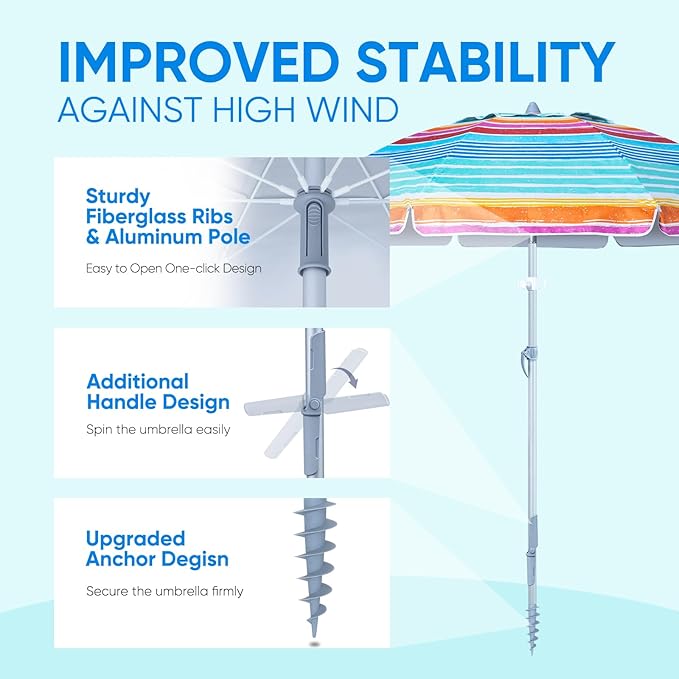 Tempera Heavy Duty High Wind Beach Umbrella with Sand Anchor & Carry Bag | Patio Outdoor Umbrella with Aluminum Frame and Push Button Tilt, Ideal for Travel Garden Lawn, UPF 60+