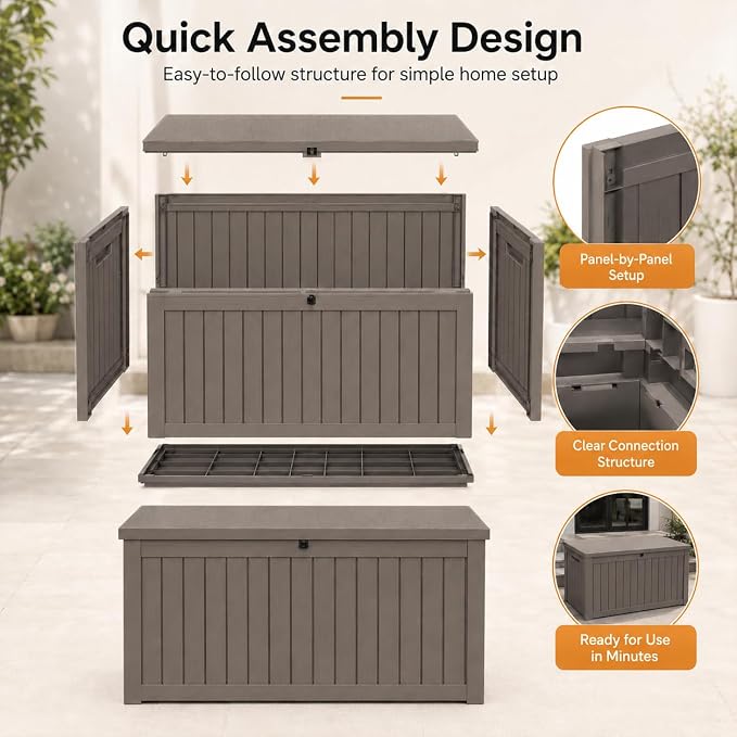 182 Gallon Outdoor Deck Storage Box, Large Waterproof Resin Patio Storage Box, Lockable Bench Seat Holds 2 Adults, for Garden Tools, Cushions & Pool Floats, UV & Rust Resistant, Gray Brown