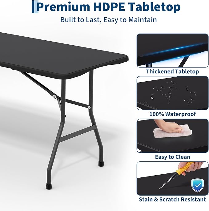 Garvee 6FT Portable Folding Table, HDPE Plastic Foldable Table with Carry Handle for Camping, Parties, Picnic & Events Indoor Outdoor, Black