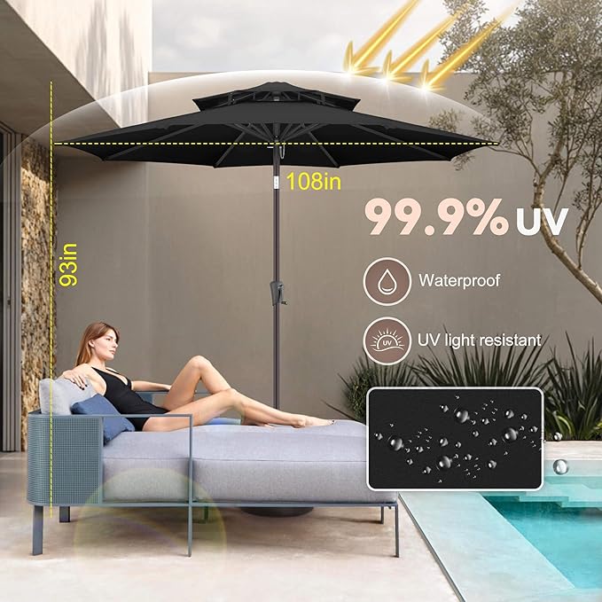 Jarka&Co 9ft Patio Umbrella Outdoor - 2 Tiers Table Outdoor Umbrella with Push Button Tilt Waterprool UV Protection, Sun Umbrella for Pool, Porch, Garden, Deck, Backyard (Black)