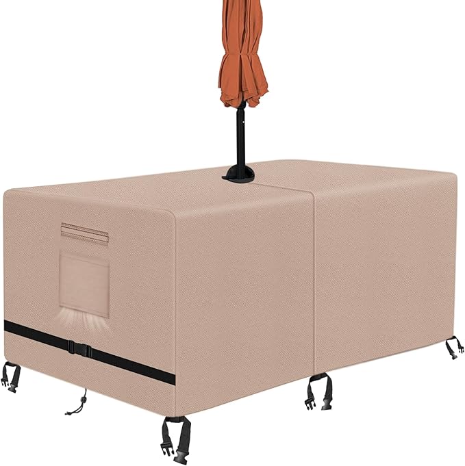 Kovshuiwe Rectangle Patio Table Cover with Umbrella Hole Heavy Duty Waterproof 600D Oxford Fabric Outdoor Lawn Patio Furniture Covers (Square-108 Lx 82" W x 23.6" H), Khaki