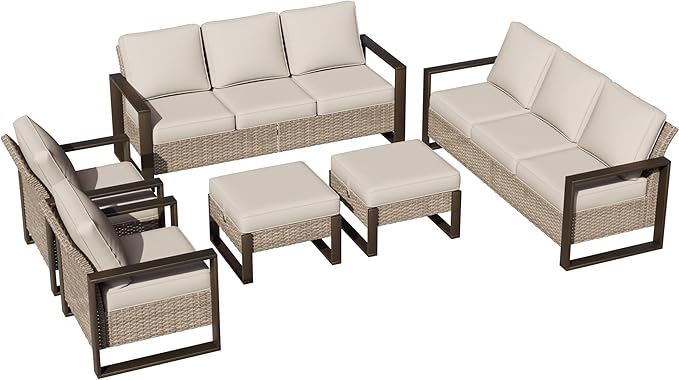 Joyside Outdoor Patio Chairs, 5 Pieces Wicker Rattan Furniture Set, 2 Patio Chairs, 2 Sofa and 2 Ottoman, Metal Wide Armrest, Thick Cushions and Deep Seating for Garden, Backyard, Porch, Deck