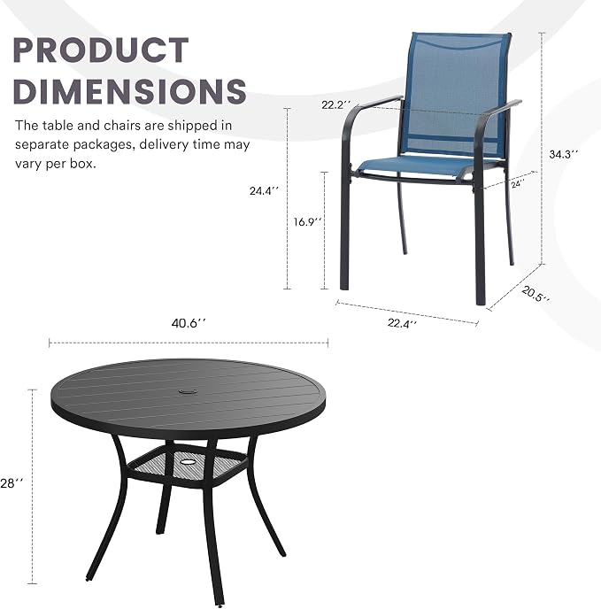 5 Pieces Patio Dining Set, 41" Round Dining Table with Umbrella Hole, 4 Stackable Textilene Fabric Chairs, Metal Structure for Patio, Porch, Garden(Black Table, Blue Chair)